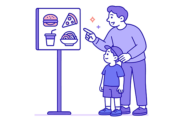 아들 음료 어린이 음식 일러스트 가족 모션 피자 함께함 따뜻함 대화 식사 기쁨 햄버거 아빠 선택 즐거움 메뉴판 외식 순간 국내일러스트 AI파일 감정 컨셉 관계 패스트푸드 서양음식 말하기 사람 파일형식 벡터