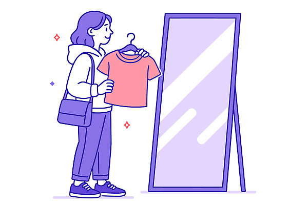 옷 패션 여유 티셔츠 일러스트 장신구 사람 쇼핑 유행 상점 공간 거울 청바지 선택 구매 고민 이미지 후드티셔츠 스타일 국내일러스트 AI파일 감정 컨셉 셔츠 바지 파일형식 벡터