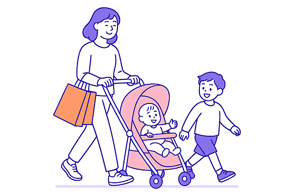 일러스트 가족 엄마 거리 함께함 사랑 쇼핑 귀여움 산책 아기 관찰 장바구니 즐거움 외출 유모차 일과 동생 소통 남동생 국내일러스트 AI파일 감정 컨셉 관계 모션 휴식 사람 바구니 아기용품 파일형식 벡터