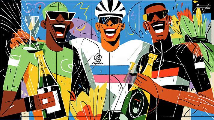 JPG 기념일 스포츠 꽃다발 일러스트 협력 운동선수 웃음 이벤트 파티 자전거 축제 축하 우승 화려 샴페인 즐거움 기분전환 기념촬영 승자 시상식 국내일러스트 AI일러스트 AI콘텐츠 꽃 감정 컨셉 주류 표정 바이크 사진촬영 최고 파일형식