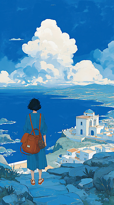 JPG 구름 바다 여행 가방 일러스트 자연 하늘 풍경 소녀 여름 파란색 고요 절벽 탐험 도시 그리스 그림 힐링 뷰티풀 풍경화 국내일러스트 AI일러스트 AI콘텐츠 자연요소 잡화 계절 여자 유럽 어린이 컬러 생태계 파일형식