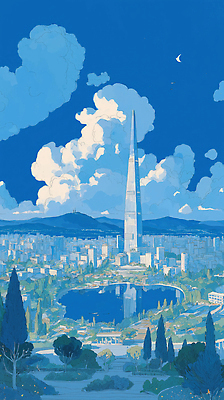 JPG 나무 구름 여행 일러스트 자연 하늘 산 서울 한국 풍경 건물 일상 여름 파란색 도시풍경 탑 고층빌딩 연못 도시 국내일러스트 AI일러스트 AI콘텐츠 자연요소 식물 건축물 계절 아시아 컬러 빌딩 라이프 생태계 파일형식