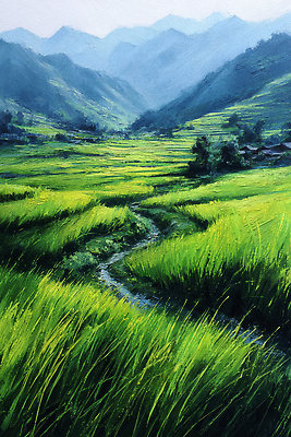 JPG 농업 일러스트 자연 산 풍경 초록색 농작물 햇빛 환경 흐름 도시 생태계 지역 논밭 국내일러스트 AI일러스트 AI콘텐츠 산업 컬러 컨셉 밭 논 태양 파일형식