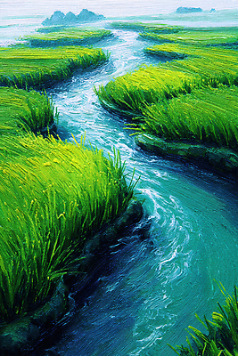 JPG 여유 일러스트 자연 풍경 초원 초록색 물 햇빛 평화 고요 흐름 개울 조화 논밭 뷰티풀 국내일러스트 AI일러스트 AI콘텐츠 자연요소 감정 컬러 컨셉 밭 논 강 태양 생태계 파일형식