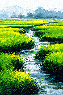 JPG 일러스트 자연 산 풍경 초원 초록색 물 햇빛 평화 흐름 농촌 도시 생태계 수로 국내일러스트 AI일러스트 AI콘텐츠 자연요소 컬러 컨셉 태양 시골 파일형식