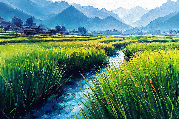 JPG 계절 일러스트 자연 하늘 한국 물줄기 풍경 파란색 농작물 수확 농촌 조화 논밭 산맥 국내일러스트 AI일러스트 AI콘텐츠 아시아 컬러 밭 농업 산 논 물 시골 생태계 파일형식