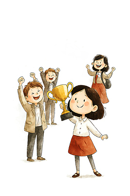 JPG 행복 어린이 일러스트 응원 모션 성공 협력 기념 미소 웃음 기쁨 모임 축하 목표 상패 트로피 그림 대회 국내일러스트 AI일러스트 AI콘텐츠 감정 컨셉 표정 사람 상_우승 파일형식