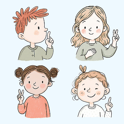 PSD 캐릭터 기호 행복 어린이 포즈 백그라운드 일러스트 손가락 표정 미소 소녀 소년 파란색 평화 귀여움 표현 그룹 그림 소통 일러캐릭터 문자 손 여자 남자 감정 컬러 컨셉 사람 파일형식