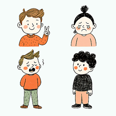 PSD 캐릭터 디자인 행복 감정 어린이 예술 컬러 일러스트 색연필 표정 소녀 소년 놀람 슬픔 분노 표현 감성 창의성 일러캐릭터 여자 남자 컨셉 학용품 사람 파일형식