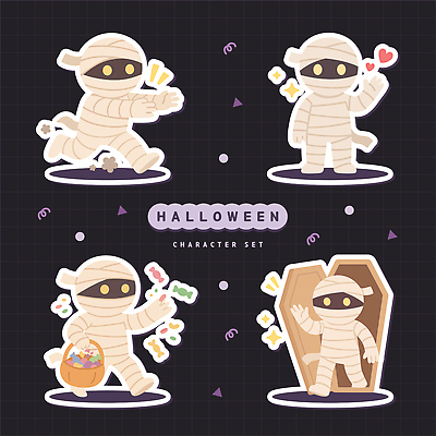 캐릭터 디자인 어린이 컬러 백그라운드 일러스트 모션 사탕 장식 상자 파티 귀여움 축제 할로윈 축하 유령 즐거움 마법 미라 일러캐릭터 AI파일 감정 컨셉 디저트 사람 이벤트 파일형식 벡터