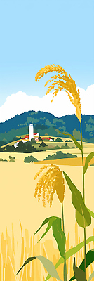 JPG 농업 일러스트 자연 하늘 산 풍경 초원 여름 파란색 농작물 농장 평화 농사 금색 수확 성장 황금 농부 국내일러스트 AI일러스트 AI콘텐츠 직업 계절 산업 컬러 컨셉 생태계 파일형식