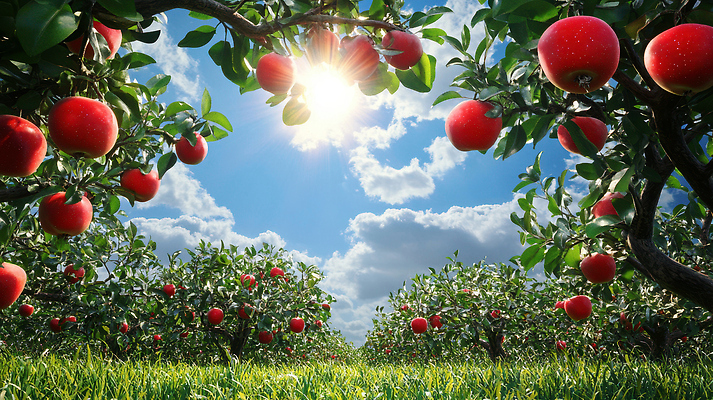 JPG 나무 편집이미지 농업 과일 자연 풍경 햇빛 농장 농사 수확 신선 사과 과수원 편집실사 AI컴퓨터그래픽 AI콘텐츠 식물 산업 태양 CG 생태계 파일형식