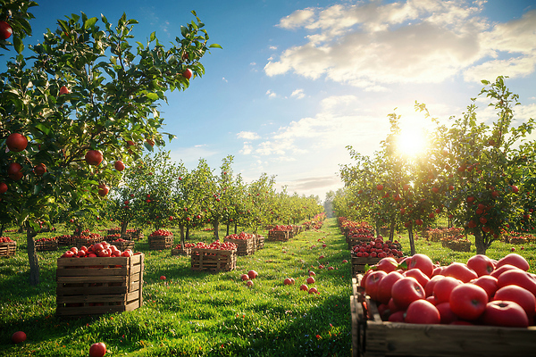 JPG 나무 편집이미지 농업 과일 자연 풍경 잔디 여름 상자 햇빛 농장 수확 사과 과수원 편집실사 AI컴퓨터그래픽 AI콘텐츠 식물 계절 산업 태양 CG 생태계 파일형식
