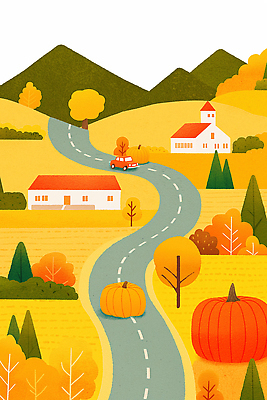 JPG 나무 도로 컬러 단풍 농업 일러스트 자동차 자연 산 풍경 농장 마을 수확 가을 시골 지방 조경 멀리 국내일러스트 AI일러스트 AI콘텐츠 식물 계절 산업 길 육상교통 잎 교통시설 기름_음식 생태계 파일형식