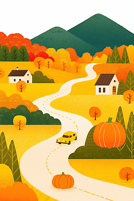 JPG 나무 도로 컬러 여행 일러스트 자동차 자연 호박 산 주택 풍경 일상 농장 마을 정원 고요 가을 시골 풍요 국내일러스트 AI일러스트 AI콘텐츠 식물 계절 길 육상교통 컨셉 농업 채소 교통시설 건물 라이프 생태계 파일형식