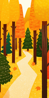 JPG 나무 컬러 잎 일러스트 자연 하늘 풍경 빨간색 초록색 노란색 고요 산책 가을 흰색 숲 오솔길 조화 뷰티풀 국내일러스트 AI일러스트 AI콘텐츠 식물 계절 길 휴식 생태계 파일형식