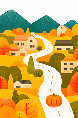 JPG 나무 도로 길 컬러 단풍 일러스트 자연 호박 산 주택 풍경 초원 평화 금색 가을 농촌 시골 저녁 아기자기 국내일러스트 AI일러스트 AI콘텐츠 식물 계절 컨셉 잎 채소 교통시설 건물 야간 생태계 파일형식