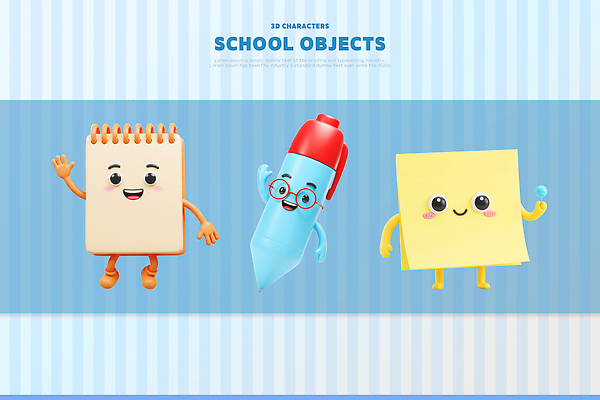 PSD 편집이미지 캐릭터 학생 디자인 학교 학습 컬러풀 펜 3D 귀여움 공책 도구 오브젝트 포스트잇 그림 편집3D 교육 컬러 컨셉 문구용품 필기구 메모지 디지털합성 파일형식