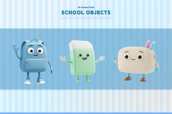 PSD 편집이미지 캐릭터 손 디자인 백그라운드 가방 학교 함께함 웃음 펜 3D 오브젝트 지우개 편집3D 잡화 교육 컨셉 학용품 표정 신체부위 필기구 디지털합성 파일형식