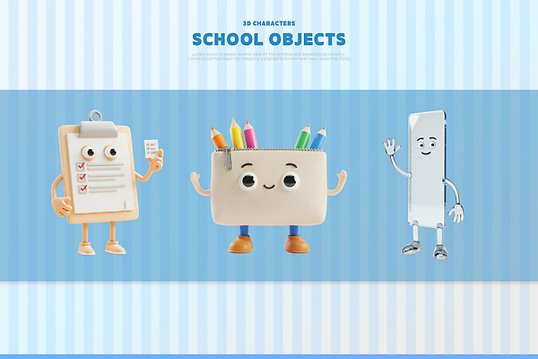 PSD 편집이미지 학생 컬러 색연필 3D캐릭터 그래픽 학습 펜 3D 도구 지우개 서류판 아기자기 편집3D 캐릭터 교육 컨셉 학용품 필기구 사무용품 디지털합성 파일형식