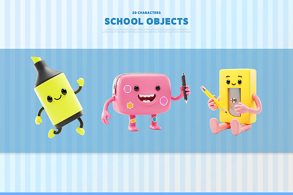 PSD 편집이미지 캐릭터 디자인 컬러 학교 학용품 연필 3D 귀여움 즐거움 오브젝트 지우개 크레파스 필통 창의력 편집3D 교육 감정 컨셉 문구용품 필기구 디지털합성 파일형식