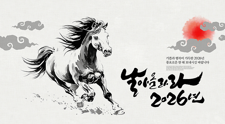 PSD 동물 편집이미지 전통 문화 예술 새해 기념 한국 달리기 희망 표현 말_동물 2026년 이미지편집 병오년 감정 아시아 포유류 모션 연도 파일형식