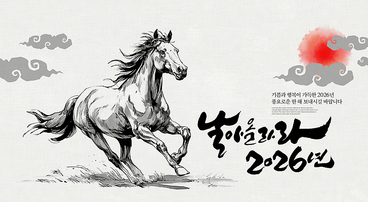 PSD 동물 편집이미지 전통 문화 예술 기념 이벤트 달리기 축제 말_동물 전시회 그림 뷰티풀 특징 2026년 이미지편집 병오년 포유류 모션 전시 연도 파일형식