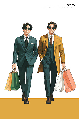 PSD 라이프스타일 옷 패션 남자 컬러 일러스트 거리 정장 캐주얼 친구 쇼핑 쇼핑백 유행 걷기 도시 모던 스타일 국내일러스트 가방 관계 모션 사람 생활 파일형식