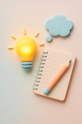 JPG 구름 편집이미지 디자인 백그라운드 전구 문구용품 아이디어 필기구 연필 3D 공책 기록 작업 스케치 색감 창의성 편집3D AI컴퓨터그래픽 AI콘텐츠 자연요소 컨셉 학용품 미술 디지털합성 오브젝트 파일형식