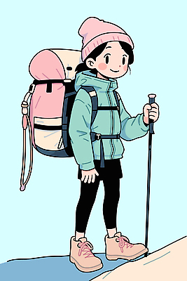 모자 일러스트 배낭 자연 산 풍경 소녀 청춘 운동 소풍 평화 걷기 등산 트래킹 외투 하이킹 즐거움 준비 경로 국내일러스트 AI파일 잡화 여자 감정 어린이 컨셉 상의 가방 모션 레저 건강 야외활동 생태계 파일형식 벡터