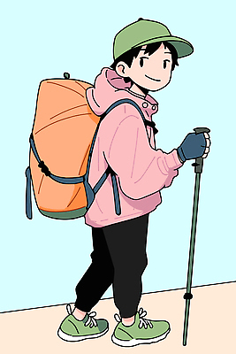 모자 옷 스포츠 여행 일러스트 배낭 모션 청소년 자연 지팡이 산 건강 아웃도어 미소 풍경 소년 취미 운동 걷기 등산 자유 국내일러스트 AI파일 잡화 남자 어린이 컨셉 가방 표정 사람 트래킹 생태계 파일형식 벡터