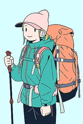 모자 여행 일러스트 배낭 모션 자연 산 건강 웃음 안전 풍경 야외 친구 등산 하이킹 탐험 막대기 즐거움 준비 기어 패딩 국내일러스트 AI파일 잡화 감정 가방 관계 레저 표정 트래킹 점퍼 생태계 파일형식 벡터