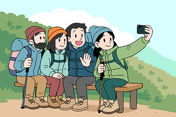 모자 이동 벤치 일러스트 자연 산 미소 웃음 취미 캐주얼 여름 친구 야외활동 사진촬영 등산 즐거움 친목 기념사진 도보 소셜 국내일러스트 AI파일 잡화 옷 계절 감정 컨셉 의자 관계 표정 촬영 트래킹 생태계 파일형식 벡터