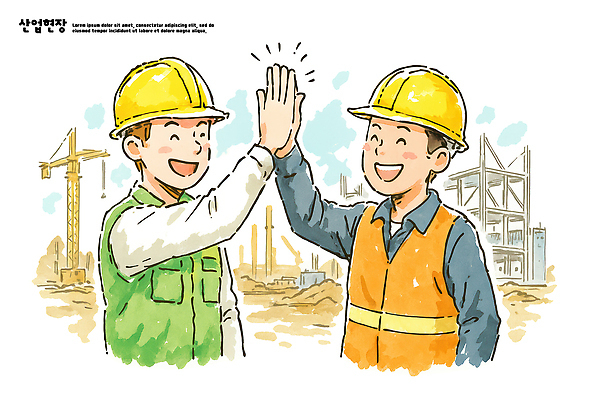 PSD 직업 기념일 건축 일러스트 성공 협력 노동자 실내 작업복 공사 야외 두명 건물 기쁨 장비 안전모 소통 인력 국내일러스트 건축물 옷 감정 컨셉 건설업 사람 이벤트 내부 헬멧 안전장비 파일형식