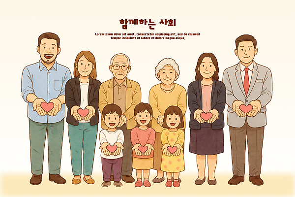 PSD 행복 일러스트 가족 관계 협력 따뜻함 사랑 미소 웃음 여러명 기쁨 마음 화합 나눔 조화 세대 소통 공동체 셰어링 국내일러스트 감정 다수 컨셉 표정 사람 파일형식 공유경제