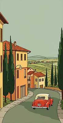 JPG 전통 여유 여행 일러스트 자연 거리 풍경 건물 초록색 고요 이탈리아 로맨틱 빈티지 차 고도 언덕 시골길 뷰티풀 국내일러스트 AI일러스트 AI콘텐츠 건축물 감정 유럽 길 음료 컬러 컨셉 생태계 파일형식