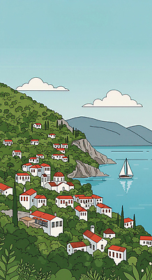 JPG 식물 바다 일러스트 자연 하늘 지붕 휴식 산 거리 주택 항해 풍경 해변 여름 파란색 햇빛 마을 조용 선박 국내일러스트 AI일러스트 AI콘텐츠 계절 컬러 컨셉 수상교통 배_교통 건물 태양 생태계 파일형식