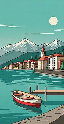 JPG 호수 여행 일러스트 자연 하늘 날씨 휴식 산 풍경 해변 건물 평화 마을 맑음 정박 소도시 선박 국내일러스트 AI일러스트 AI콘텐츠 건축물 바다 컨셉 수상교통 배_교통 도시 생태계 파일형식