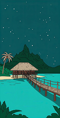 JPG 별 바다 섬 여행 일러스트 자연 하늘 휴식 열대 산 풍경 물 야자수 평화 고요 야간 오두막 나무다리 별빛 국내일러스트 AI일러스트 AI콘텐츠 자연요소 나무 컨셉 빛 다리_건축물 생태계 파일형식