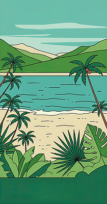 JPG 나무 식물 실루엣 여유 바다 여행 일러스트 자연 하늘 열대 산 풍경 해변 여름 모래사장 평화 공간 국내일러스트 AI일러스트 AI콘텐츠 계절 감정 컨셉 촬영기법 생태계 파일형식