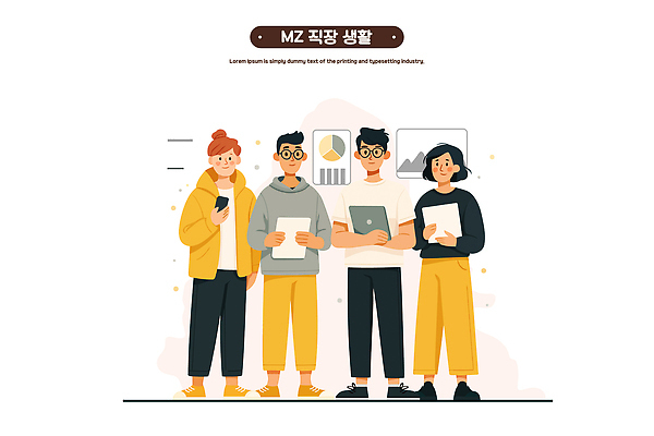 일러스트 협력 직장 일상 그래픽 노트북 스마트폰 태블릿 사무실 자료 정보 업무 모던 소통 MZ세대 국내일러스트 AI파일 컨셉 회사 비즈니스 라이프 전자제품 핸드폰 스마트기기 작업 세대 파일형식 벡터