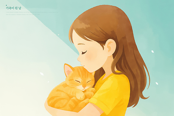 PSD 동물 행복 감정 일러스트 주택 따뜻함 사랑 소녀 반려동물 햇빛 평화 귀여움 주황색 고양이 포근함 편안함 국내일러스트 여자 어린이 컬러 컨셉 포유류 건물 태양 감각 파일형식