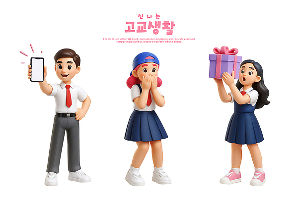 PSD 편집이미지 캐릭터 행복 학교 모션 청소년 고등학생 선물 친구 스마트폰 청춘 놀람 기쁨 표현 스타일 편집3D 학생 교육 감정 컨셉 관계 표정 사람 핸드폰 스마트기기 3D 파일형식