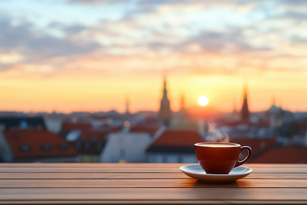 JPG 편집이미지 여유 커피 탁자 아침 지붕 잔 풍경 햇빛 일출 카페 도시 수증기 편집실사 AI포토 AI콘텐츠 주간 식기 감정 음료 가구 태양 노을 상점 CG 파일형식