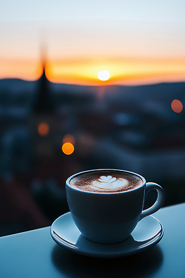 JPG 편집이미지 커피 음료 탁자 하늘 따뜻함 풍경 컵 햇빛 일몰 카페 마시기 도시 저녁 라떼아트 편집실사 AI포토 AI콘텐츠 식기 가구 모션 태양 노을 상점 야간 CG 그림 라떼 파일형식