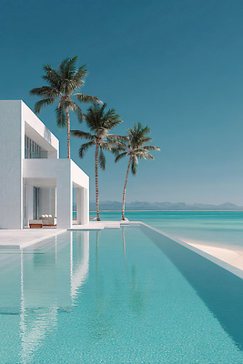 JPG 편집이미지 디자인 자연 휴식 수영장 해변 물 여름 야자수 태양 평화 고급 별장 모던 청록색 편집실사 AI포토 AI콘텐츠 자연요소 나무 계절 바다 컬러 컨셉 주택 CG 생태계 파일형식