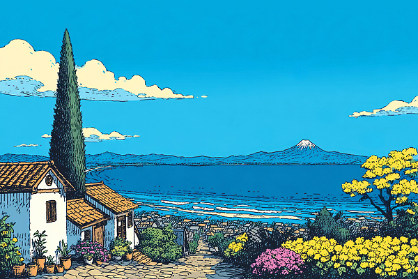 JPG 나무 꽃 바다 컬러 여행 일러스트 자연 하늘 산 풍경 해변 건물 생활 햇빛 평화 마을 언덕 조화 뷰티풀 국내일러스트 AI일러스트 AI콘텐츠 식물 건축물 컨셉 태양 생태계 파일형식