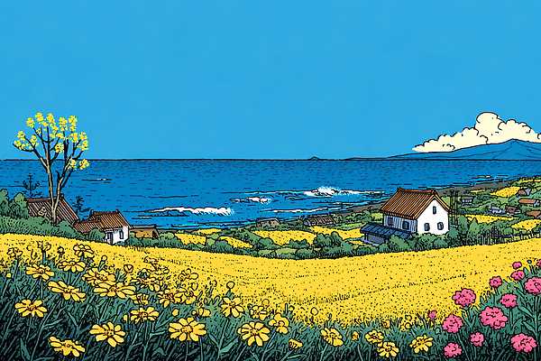 JPG 꽃 예술 바다 여행 일러스트 자연 하늘 주택 풍경 해변 일상 여름 파란색 노란색 평화 환경 일몰 감상 농촌 그림 국내일러스트 AI일러스트 AI콘텐츠 식물 계절 컬러 컨셉 건물 라이프 노을 시골 생태계 파일형식