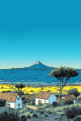 JPG 여유 여행 일러스트 자연 하늘 바람 산 풍경 초원 평화 맑음 고요 조화 생동감 서해 풍경화 국내일러스트 AI일러스트 AI콘텐츠 자연요소 감정 바다 컨셉 날씨 그림 생태계 파일형식