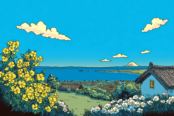 JPG 구름 꽃 바다 일러스트 자연 하늘 산 등대 풍경 해변 초록색 여름 빛 뷰티풀 풍경화 수평선 국내일러스트 AI일러스트 AI콘텐츠 자연요소 식물 계절 컬러 그림 생태계 파일형식